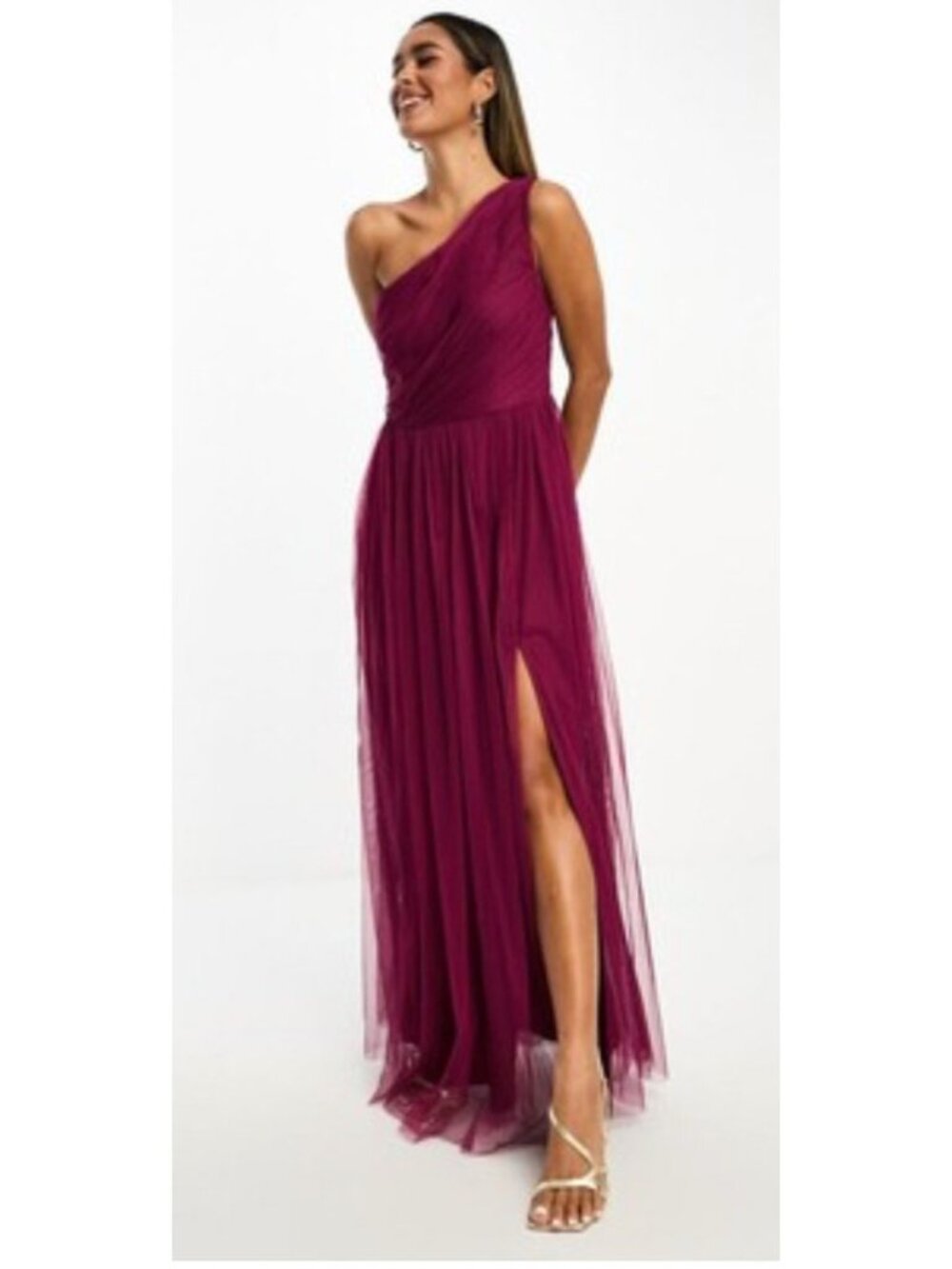 Anaya With Love Bridesmaid Tulle One Shoulder Maxi Dress Womens 16 Berry NWT